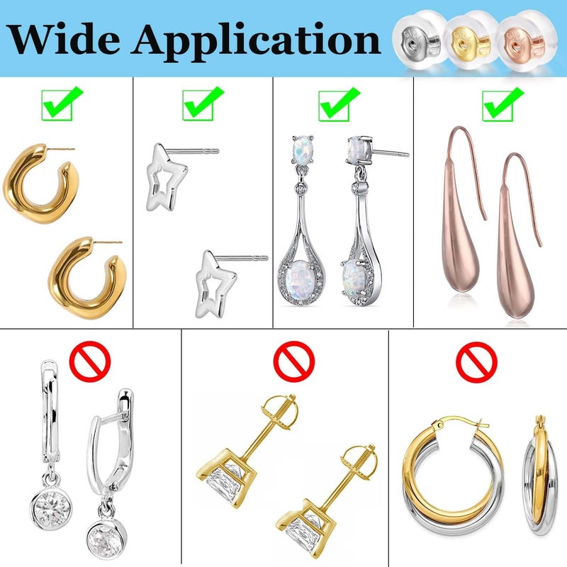 Moconar Earring Backs 18K Gold Locking Silicone Earring Backs Replacements for Studs/Droopy Ears/Heavy Earrings, No-Irritate Hypoallergenice Backings for Women Men Transparency White Color - Image 4